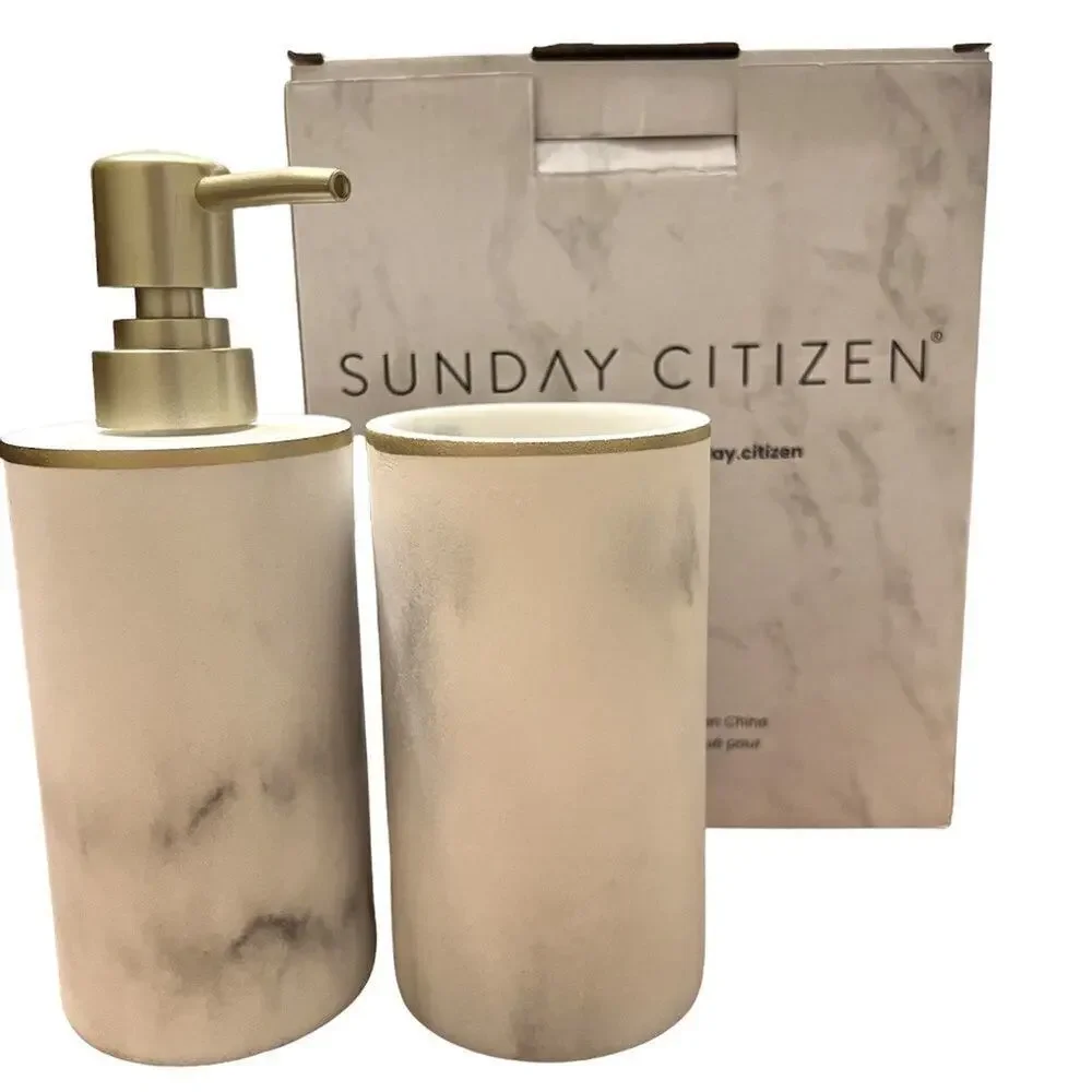 Sunday Citizen bath set white & gray resin faux marble gold trim New in box